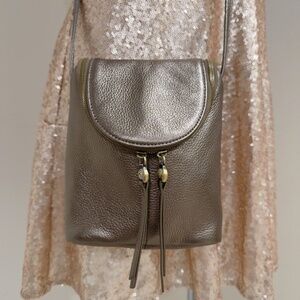 Hobo Fern Crossbody Bag Metallic Pewter Pebbled Leather Purse